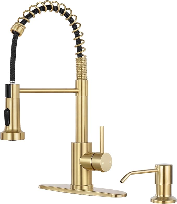 Kitchen Faucet with Soap Dispenser, Brushed Gold | 360° high arc spout, single handle, fingerprint-resistant, drip-free valve, DIY install kit, NSF certified