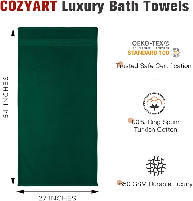COZYART Luxury Bath Towels 2 PCS, Dark Green 100% Turkish Cotton 650 GSM | OEKO-Tex 100 Certified Zero Twist Ring Spun, Soft Absorbent Quick Dry, Plush Fluffy, Breathable Hotel Quality for Daily Use