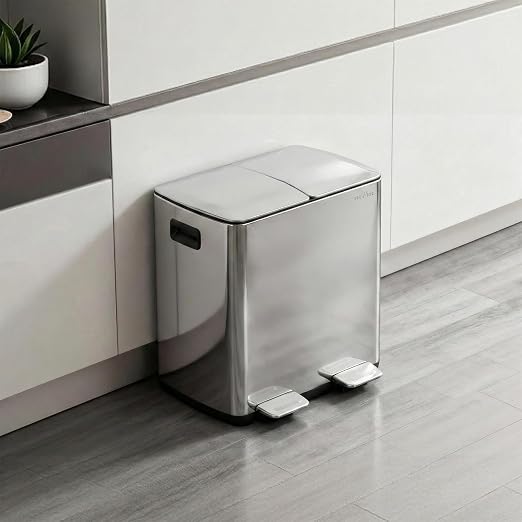 mVm Dual Compartment Trash Can, 10.6 Gal (2x5.3 Gal) Dual Compartment Kitchen Trash Can with Double Layer Lids, Wide Type Modern Kitchen Decor Office Garbage Can(Silver)