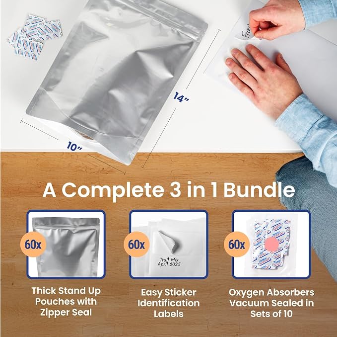 Wallaby 30 Count 1-Gallon Gusset Mylar Bags with 400cc Oxygen Absorbers, 15 Mil Total Thickness Long-Term Food Storage Pouches, 10x14 Stand-Up Zipper Heat-Sealable Airtight Packaging - Silver