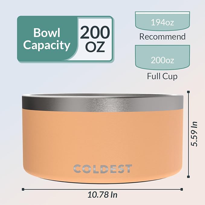 Coldest Dog Bowl - Anti Rust Metal, Non Slip, 3 Layers Insulated Stainless Steel Dog Bowls - Spill Proof & Heavy Duty - Water Bowl for Dogs, Cats & Pets, Dish Washer Safe (200 oz, Sahara Peach)