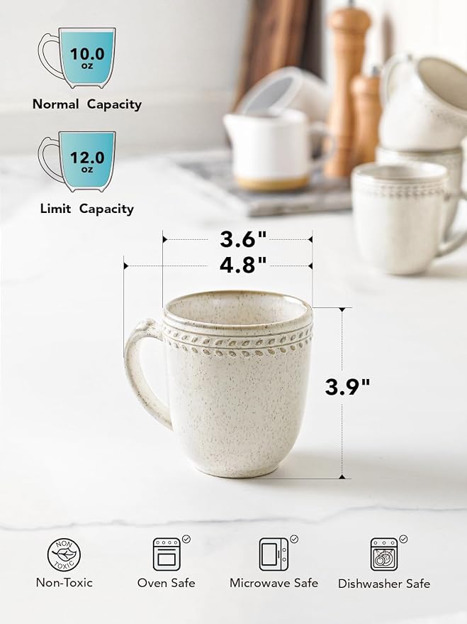 LE TAUCI Coffee Mugs 12 oz,Ceramic Mug Set, Embossment Cups for Espresso, Hot Tea, Cappuccino, Mocha, Cocoa,Suit For Housewarming Wedding- 3.6 inch, Set of 6, Birch