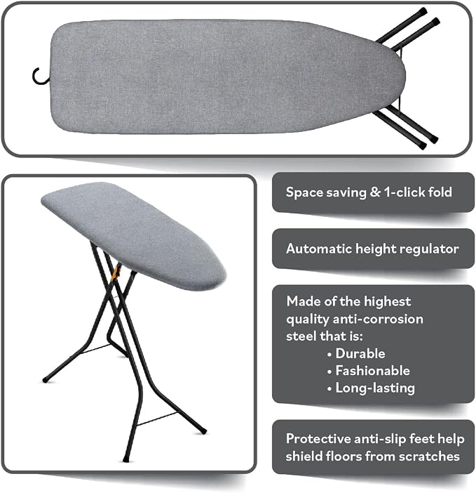 Bartnelli Pulse Ironing Board | Made in Europe | Patent Space Saving Smart Hanger Iron Board for Easy Storage | Lightweight, 4 Layer Cover, 4 Legs, for Dorm, Laundry Room, or Small Spaces(43x13-35)