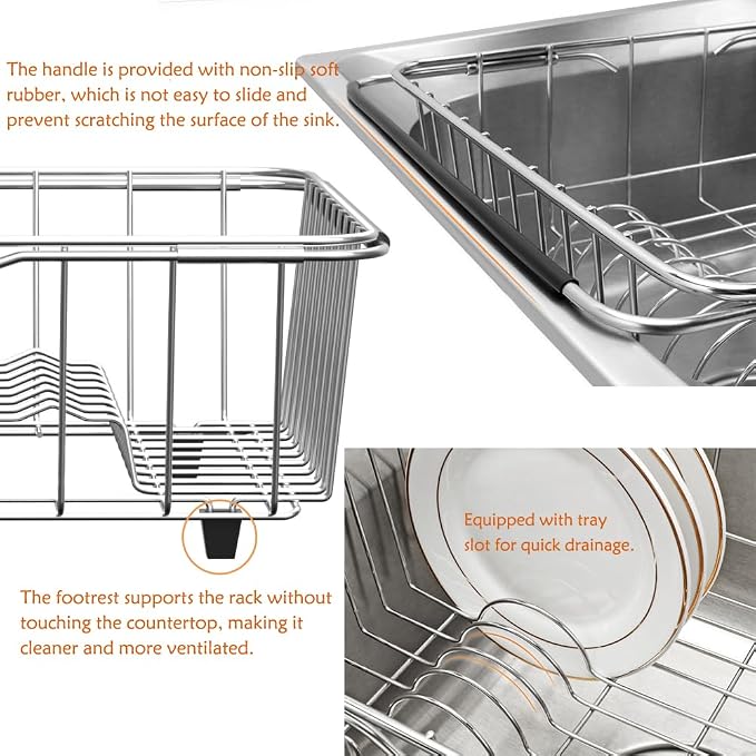NiuYichee Stainless Steel Dish Drying Rack(15" L X 12.6" W X 4.7" H), Expandable Fruit & Vegetable Drain Rack Over Sink, Dish Drainer Rack in Sink, with Utensil Holder & Silicone Mat(16")