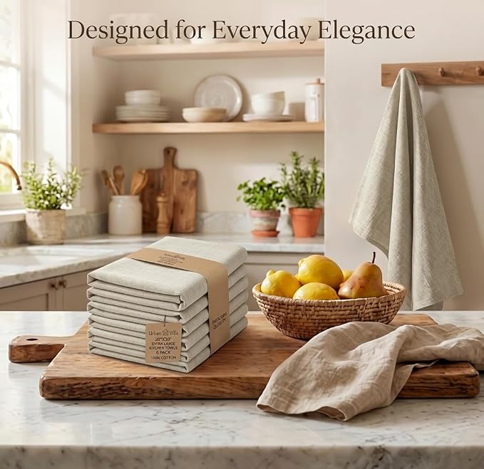 Urban Villa Harvest Kitchen Towels Premium Quality 100% Cotton Solid Kitchen Towels Set of 6 Ultra Soft Size 20X30 Inches Chambray Beige/White Color Kitchen Towel Highly Absorbent Kitchen Towels