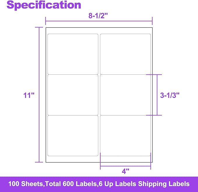 AveneMark 100 Sheets 600 Labels Shipping Address Labels, 6 up 3-1/3" x 4" Quick to Peel Stickers Paper for Laser & Inkjet Printers, Printable Mailing Labels Stickers (6 Labels per Page Sheet)