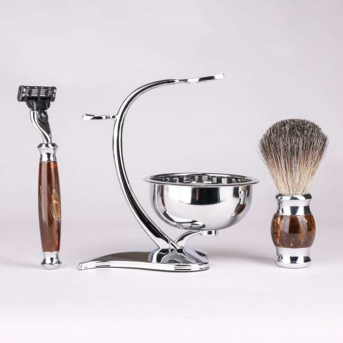 Deluxe Shaving Set for Men - 3-Layer Safety Razor with Badger Hair Brush,Soap Bowl & Magnetic Stand,Grooming Kit for Wet Shaving,Gift for Dad,Father’s Day,Birthday