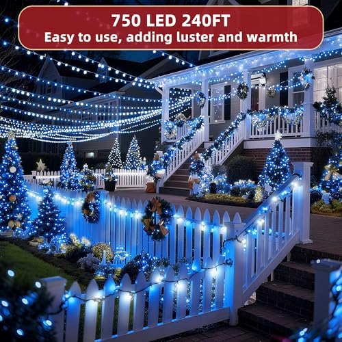 240ft Outdoor Christmas Lights, 750 LED Super Long String Lights 12 Modes & Timer Memory, Dimmable Outsite Waterproof Light Strings for Xmas Tree Garden Wedding Party Holiday Decorations Blue &White