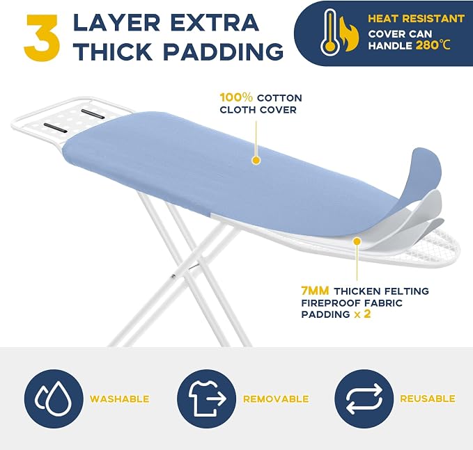 RAINHOL Ironing Board, 43x13 Full Size Iron Board with Iron Rest, Heavy Duty Compact Ironing Board with Thick Cover and Pad, Height Adjustable Sturdy Iron Stand, Blue