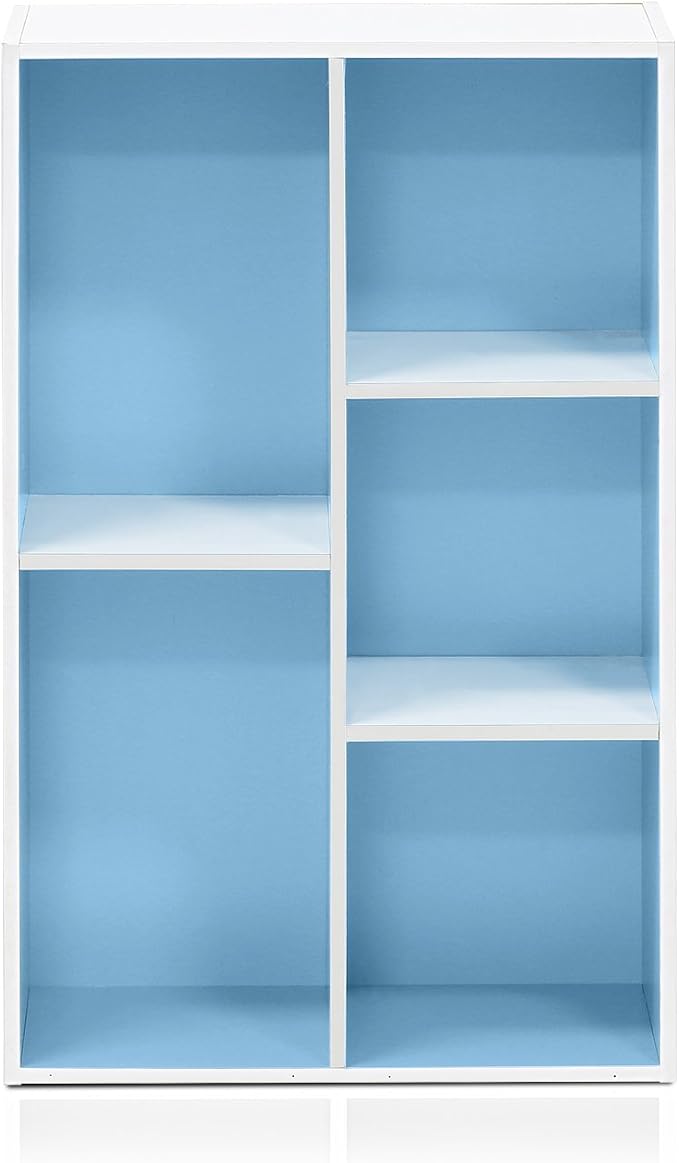 Furinno LUDER Book Shelf, 5-Cube Bookshelf, Reversible Bookcase, 9.4 x 19.5 x 31.5, Easy Assembly, for Living Room, Bedroom, Home Office, White/Light Blue