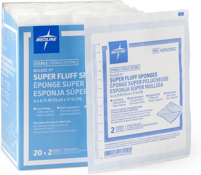 Medline Bulkee Sterile Diagonal Super Fluff Sponge, 6" x 6.75", 480 Count | Soft And Highly Absorbent Sponges Designed For Wound Care, Cleansing, And Packing With Reliable Fluid Management