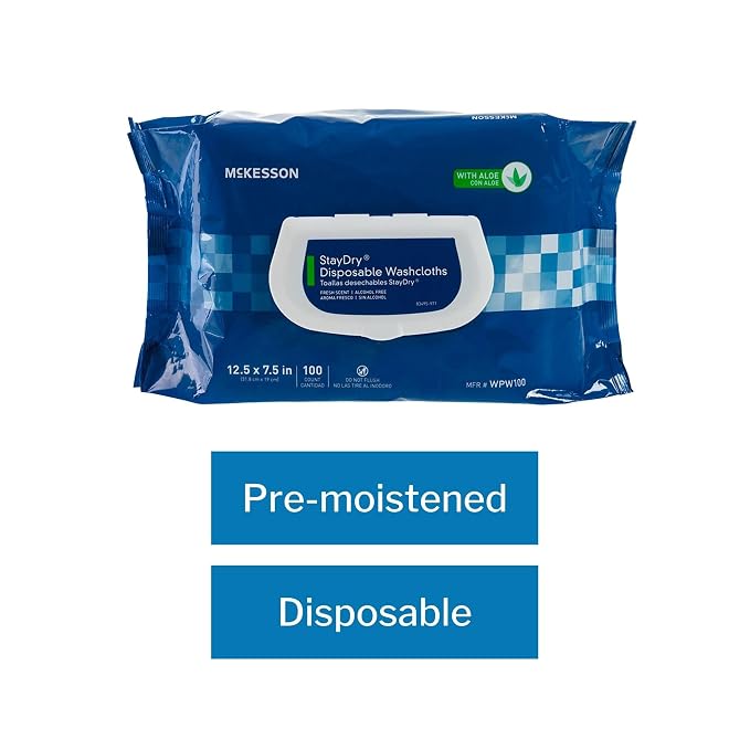McKesson Disposable Wipe 1 Pack, 100 Washcloths - Large Adult Body and Incontinence Washcloths with Aloe and Vitamin E, Alcohol-Free, 100 Wipes Per Pack
