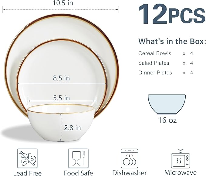 ONEMORE Plates and Bowls Set, Dinnerware Sets for 4, Porcelain Kitchen Dishes Set 12pcs, Scratch Resistant, Modern Aesthetic Dishware Sets- Microwave & Dishwasher Oven Safe,Farmhouse Style Cream White