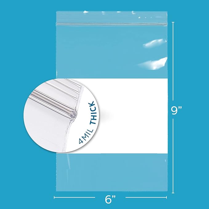 GPI - 6" x 9" - Bulk Pack of 100, 4 Mil Thick, Heavy Duty, Clear Plastic Reclosable Zip Bags, With Write-on White Block for Labeling, Strong & Durable Poly Baggies With Resealable Zipper Top Lock.
