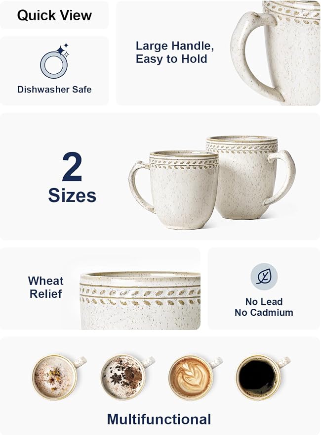 LE TAUCI Coffee Mugs 18 oz,Ceramic Mug Set, Embossment Cups for Latte, Hot Tea, Cappuccino, Mocha, Cocoa,Suit For Housewarming Wedding- 3.9 inch, Set of 6, Birch