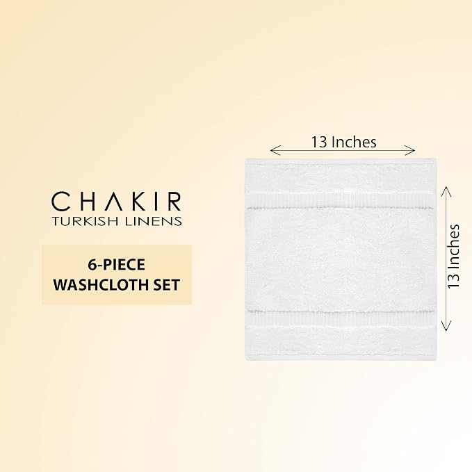 Chakir Turkish Linens 6 Piece Washcloth Set, 100% Cotton Turkish Washcloths for Bathroom, Luxury Soft Absorbent Face Towels, 13 x 13 Inches, White