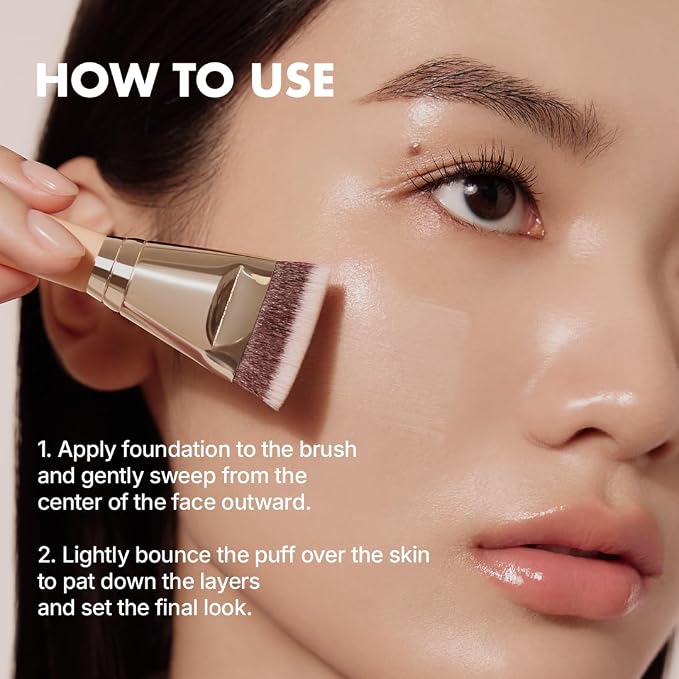 THE TOOL LAB All Day Fitting Duo (Glow type) - Premium Base Makeup Set for Liquid Cream Powder Foundation, Buffing Blending Face Brush, Sponge, Portable Case - 1.1" Flat Top Brush