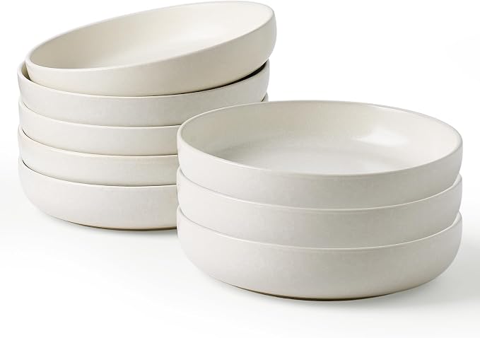 famiware Milkyway Pasta Bowls Set of 8, 33 oz Large Salad Bowls, Double Reactive Glaze, Sturdy & Stackable, Ideal for Housewarming, Festivals, Matte White