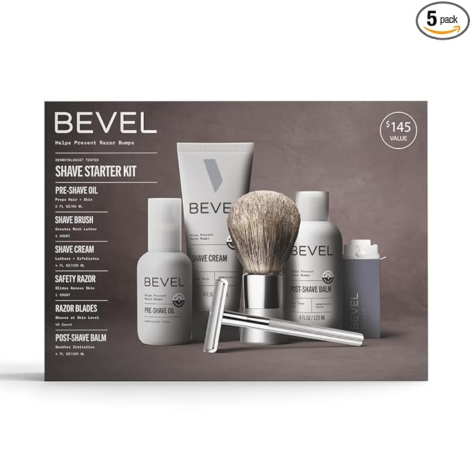 Bevel Shaving Kit for Men, Includes Safety Razor with 40 Replacement Blades, Luxury Shaving Brush, Pre Shave Oil, Shave Cream and Balm (Packaging May Vary)