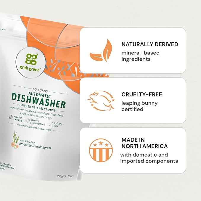 Grab Green Dishwasher Pods, 24 Count, Thyme with Fig Leaf | Plant & mineral based; Enzyme-powered; Velcro Closure; No Harsh Chemicals; Removes Grease and Stuck on Food