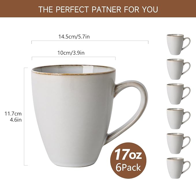 MONITO 17oz Ceramic Coffee Mugs Set of 6, Vintage White Mugs with Handle | Mugs with Gold Rim for Latte,Tea&Cocoa,Dishwasher&Microwave Safe,Reactive Glaze Cups,Ideal Gift for Office and Home Use