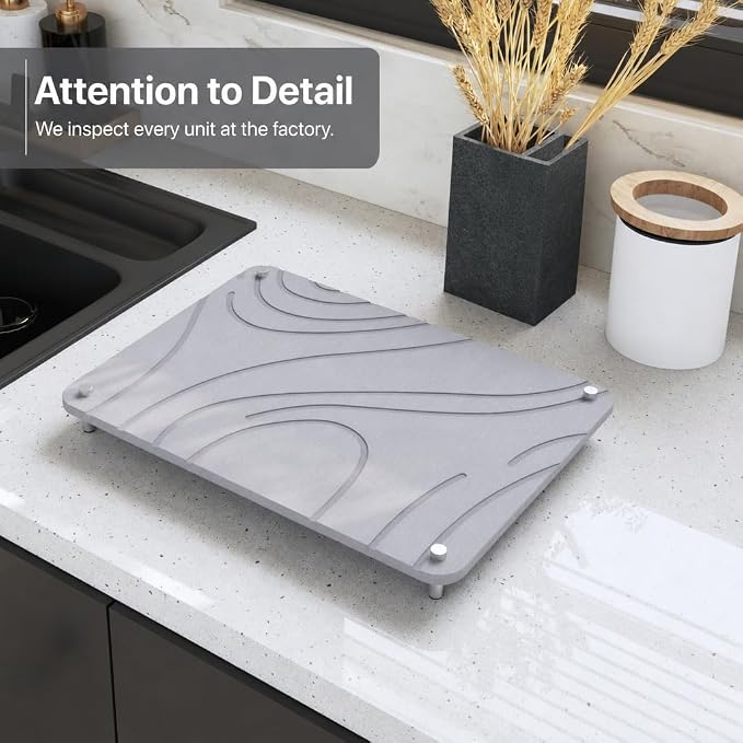 Stone Drying Mat for Kitchen Counter | 16” x 12” Dish Drying Mat Large | Diatomaceous Earth Stone Dish Drying Mat | Stone Mat for Kitchen Counter (Light Gray)