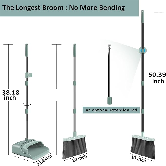 Upgrade Broom and Dustpan Set, Large Size and with Long Handle, Upright,Ideal for Indoor Outdoor Garage Kitchen Room Office Lobby Use (Green)