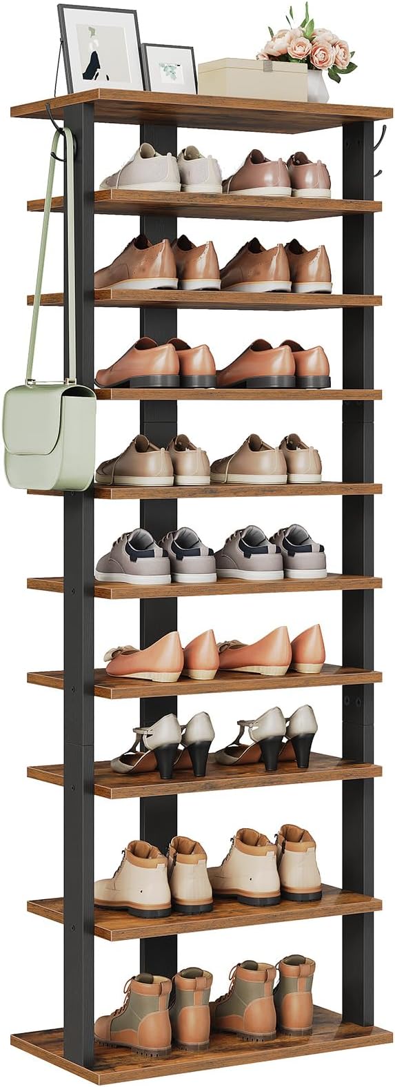 HOOBRO 10 Tiers Vertical Shoe Rack, Wooden Shoe Storage Organizer with Hooks, Narrow Shoe Tower for 20 Pairs, Space Saving, for Entryway, Living Room, Bedroom, Rustic Brown FG140XJ01