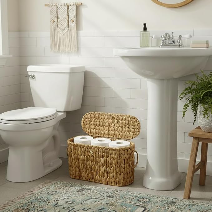 Coeusy Toilet Paper Basket with Lid,Wicker Basket for Bathroom Organizers and Storage,Holds Up to 6 Mega Rolls, Decorative Hand-Woven Rattan Bathroom Decor Accessories,Natural Water Hyacinth