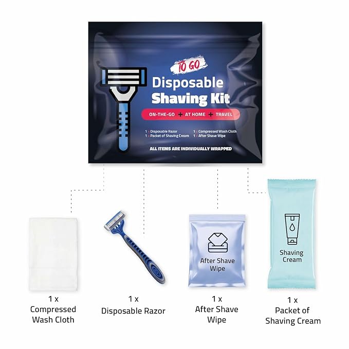 On-the-Go Shaving Kit – Disposable Razor, Shaving Cream, Washcloth & Aftershave Wipe – Travel Friendly, Grooming Essentials for Hygiene when on the Go - Black (10)