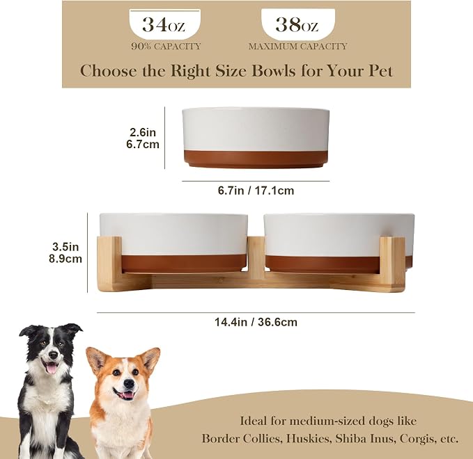 MALACASA Ceramic Dog Bowls Set with Wood Stand, 3.5 Cups Pet Bowls for Medium Dogs with Non-Slip Base, Large Puppies, Cats, Retrievers, ect.Pet Food & Water Basic Bowls Set, Weighted Glaze Matte.34 OZ