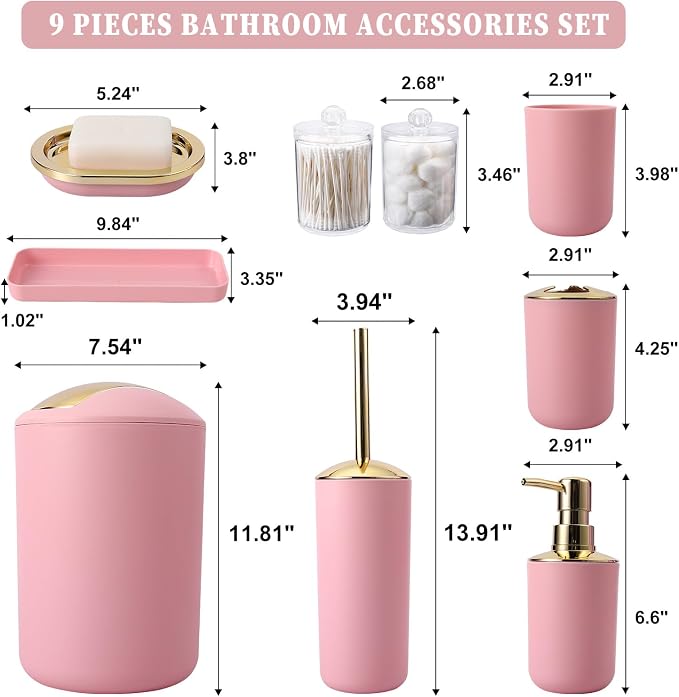 BSSN Pink Bathroom Accessories Set, Luxurious Complete 9-Piece Bath Decor Set with Trash Can, Toilet Brush, Soap Dispenser, Toothbrush Holder, Qtip Jars, Vanity Tray, Soap Dish and Tumbler Cup