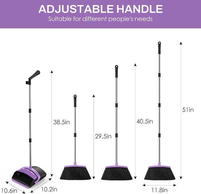 Broom and Dustpan Set for Home, 51-in Long Adjustable Handle Angle Broom and Dustpan Combo Set with Dust Pan Teeth to Clean Hair for Home Kitchen Office Lobby Floor Garden (Black&Purple)