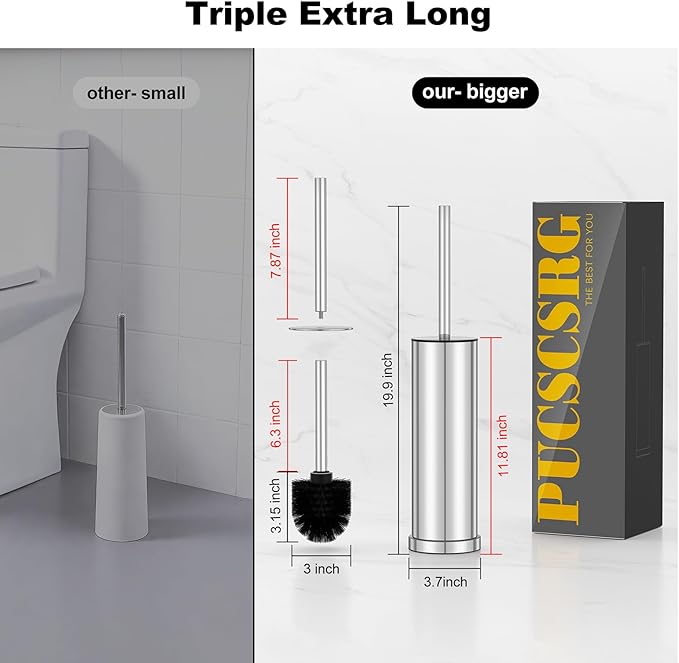 Silver Toilet Brush and Holder Set，Stainless Steel Heavy Duty Toilet Bowl Brush，Extra Long Handled Modern Toilet Cleaner Brush with Replaceable Head, Removable Inner Bowl, and Splash Protection