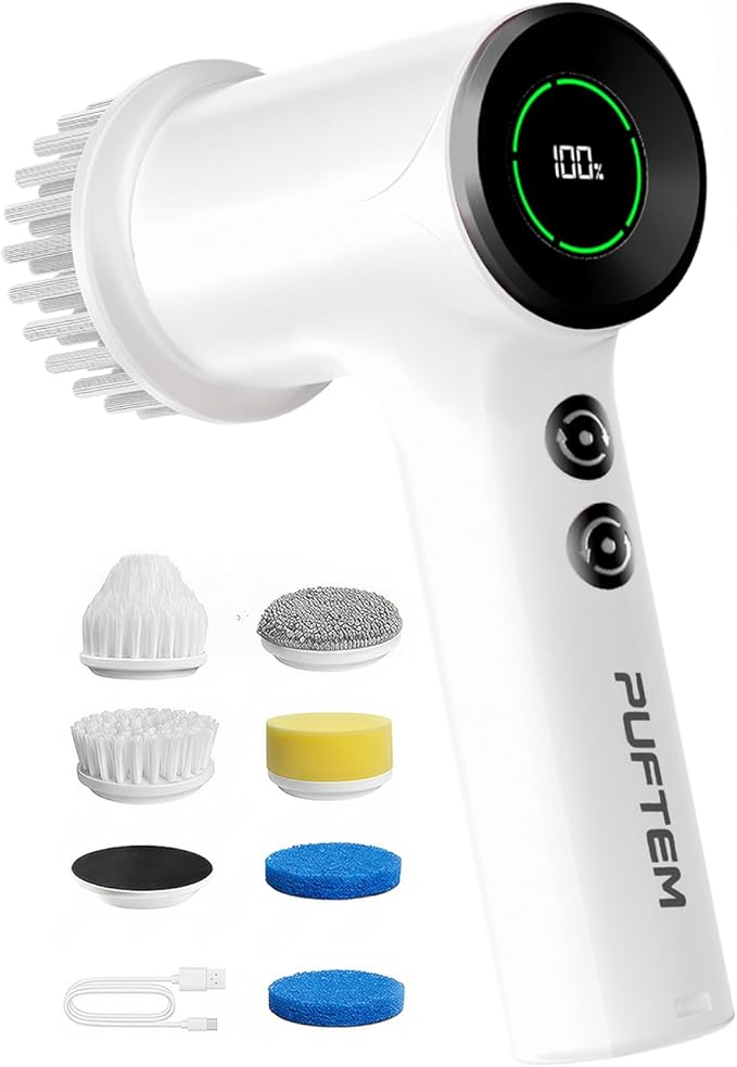 PUFTEM Shower Scrubber, Electric Spin Scrubber for Bathroom Cleaning – Cordless Shower Cleaner Brush with 6 Brush Heads, Dual-Direction Rotation, for Grout, Tile, Tub, Sink & Corners, White