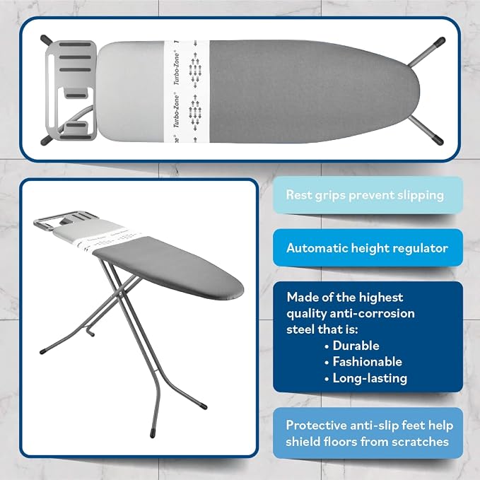 Bartnelli Heavy Duty Ironing Board 48x15 | Designed & Made in Europe with Patent Technology, Turbo & Park Zone, Features: 4 Layer Cover &Pad,Height-Adjustable,4 Premium Steel Legs,Upgraded Iron Rest.