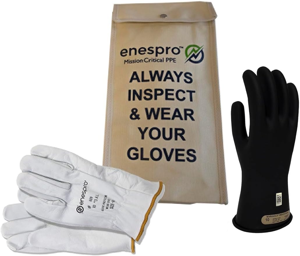 Enespro Class 00 Insulated Electrical Gloves Kit, 500V AC/750V DC, Size 9 | ASTM D120 and NFPA 70E Rubber Glove Set with Leather Protectors and Storage Bag for Power Crews and Utility Workers, Black