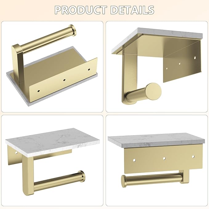 Marble Toilet Paper Holder with Shelf, Evolvegoods Brushed Gold Bathroom Toilet Paper Holder Wall Mount, 304 Stainless Steel Modern Toilet Paper Roll Holder Storage Tissue Holder
