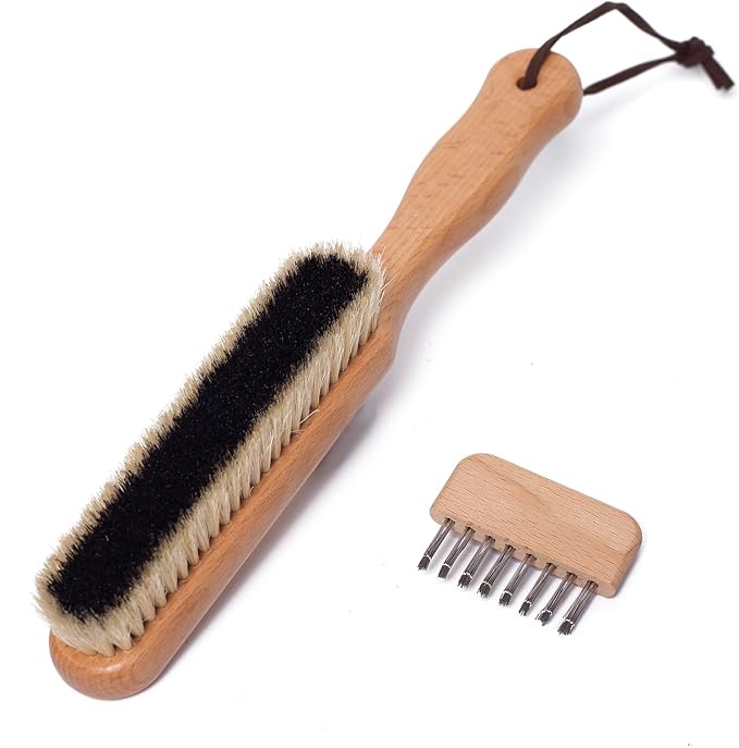 Lint Brushes for Clothes, 100% Natural Boar Bristle Clothes Brush for Cashmere & Wool, Cashmere Comb & Sweater Comb, Removes Fibres & Pet Hair, with Hanging Hole & Straps, Includes Cleaning Comb
