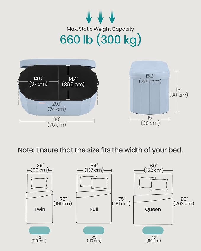 SONGMICS MINOTA Collection - Folding Ottoman with Storage, Oval Storage Ottoman Bench, for Living Room, Bedroom, Velvet Fabric, 15 x 29.9 x 15 Inches, Baby Blue ULSF267QQ01