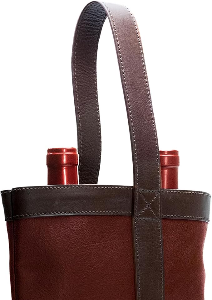 Double Wine Carrier Bag – Leather Wine Tote for Two Bottles with Handles & Metal Buckle – Protective Carrier for Picnic, Wine Champagne Gift Bag (Merlot)
