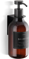 Shower Shampoo Dispenser Wall Mounted – Refillable 16.9 oz Amber Bottle with Stainless Steel Pump & No-Drill Adhesive Holder – Soap Dispenser for Bathroom (1 X Amber/Black)