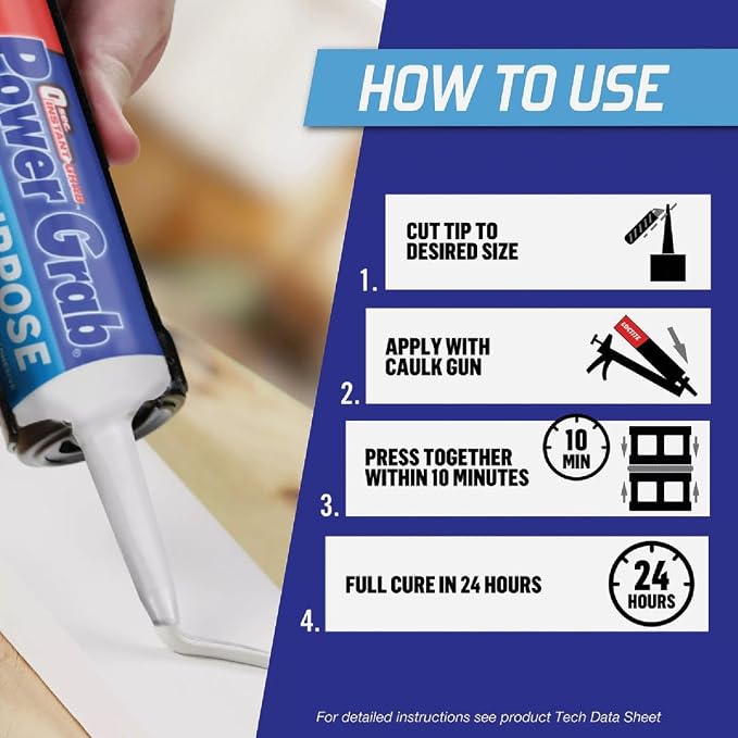 Loctite Power Grab Express All Purpose Construction Adhesive, 9 fl oz Cartridge, 1 Pack - Versatile Construction Glue for Cement, Tile, Wall & More