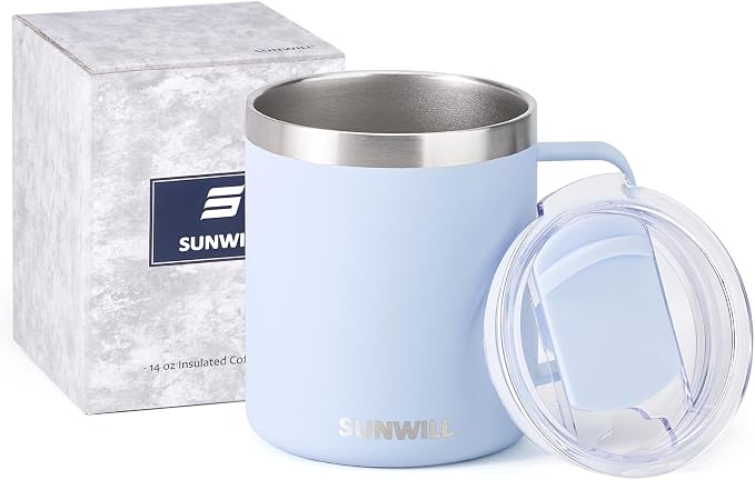 SUNWILL Insulated Coffee Mug, Stainless Steel 14 oz, Splash-Proof Lid | Keeps Drinks Hot & Cold, Powder-Coated Iceberg Finish, Dishwasher Safe, Ideal for Home & Office