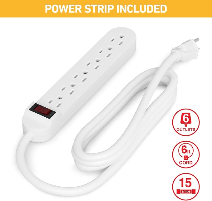 D-Line Cable Management Box with 6 AC Outlet 6ft Power Strip, Hide Extension Cords and Excess Wire Clutter, 16.5in (L) x 4.5in (H) x 5in (W) - Large, White