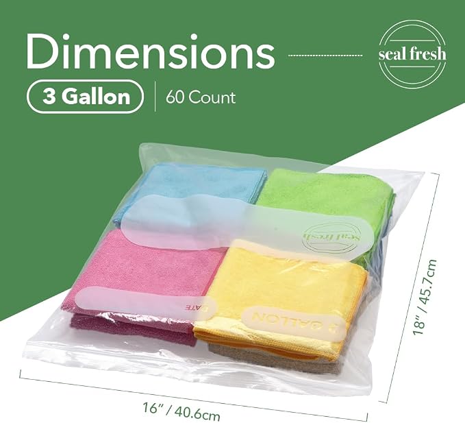 Seal Fresh 3 Gallon Large Plastic Storage Bags – 16" x 18" (60 Count) – Reusable XXL Extra Large Clear Jumbo Zip Bags with Sealable Zipper Top For Clothes, Travel, Moving