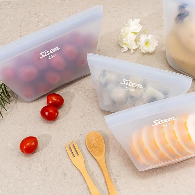6-Pack Silicone Reusable Stand Up Zip Lock Bag Food Storage Bags, Multi-Use Food Storage Bags, Lunch Bag, Travel Containers, Leak-free, Dishwasher-Safe, Freezer-Safe, light blue (6-Pack)