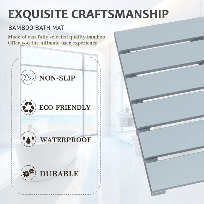 Bamboo Wooden Bath Floor Mat for Luxury Shower - Non-Slip Bathroom Waterproof Carpet for Indoor or Outdoor Use (Bluish Grey)