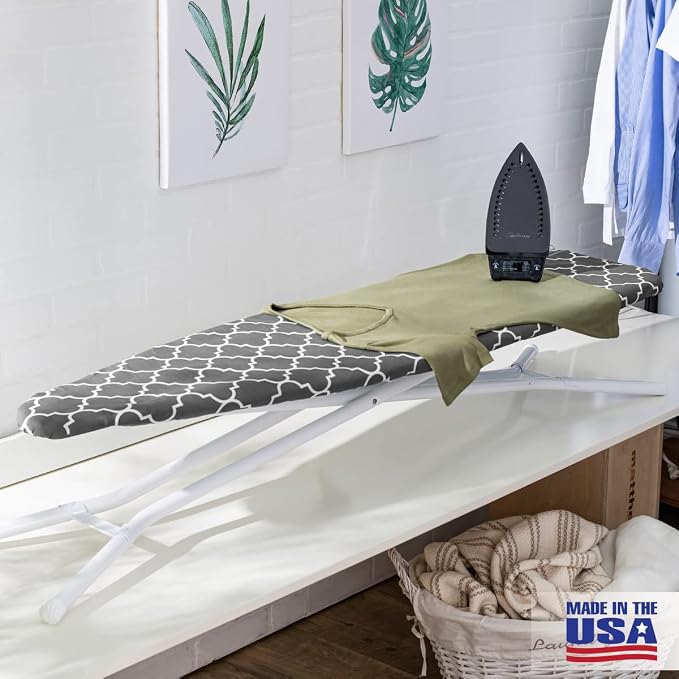 Full Size Ironing Board Made in USA – Gray Lattice by Seymour Home Products 4 Heavy-Duty Steel Legs Perforated Top for Steam Includes Cover & Pad Sturdy, Foldable Iron Board for Home & Laundry