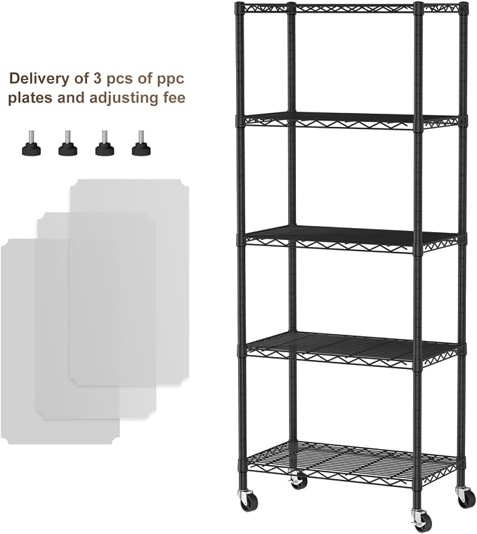 Golpart 5 Tier Shelves Storage Shelf Wire Closet Bathroom Organizers Metal Pantry Kitchen Garage Shelving Unit Laundry Room Organization Home Rack Net Basket Black with Wheels 14”D X 24”W X 61.2”H